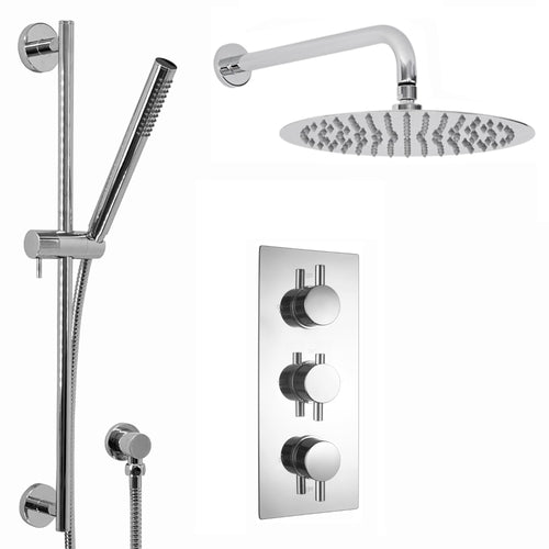 Buy Naples Contemporary Round Concealed Thermostatic Shower Set Incl. Triple Valve, Wall Fixed 8" Shower Head, Slider Rail Kit - Chrome (2 Outlet) online UK