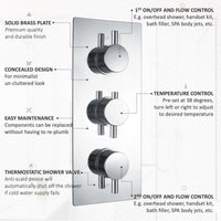 Venice Contemporary Round Concealed Thermostatic Shower Set Incl. Triple Valve, Wall Fixed 8" Shower Head, Slider Rail Kit - Chrome (2 Outlet)