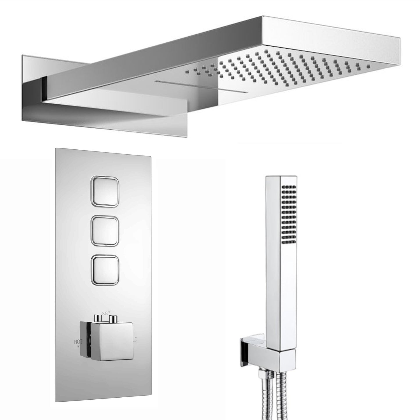Spello Square Thermostatic Concealed Shower Set with Dual Overhead Shower, Handset Kit - Chrome