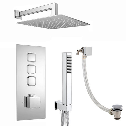 Spello Square Thermostatic Concealed Shower Set with Bath Filler, Wall Overhead Shower, Handset Kit - Chrome