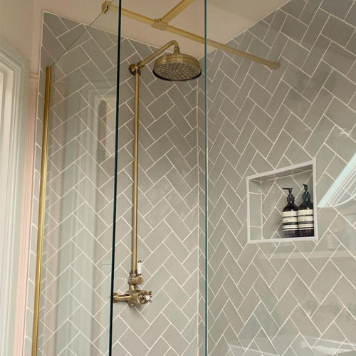 Buy Windsor traditional thermostatic shower set single outlet incl. angled riser rail, rain shower head 200mm - antique brass online UK