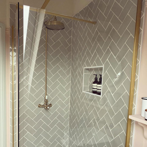 Buy Windsor traditional thermostatic shower set single outlet incl. angled riser rail, rain shower head 200mm - antique brass online UK