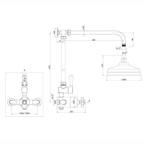 Buy Windsor traditional thermostatic shower set single outlet incl. angled riser rail, rain shower head 200mm - antique brass online UK