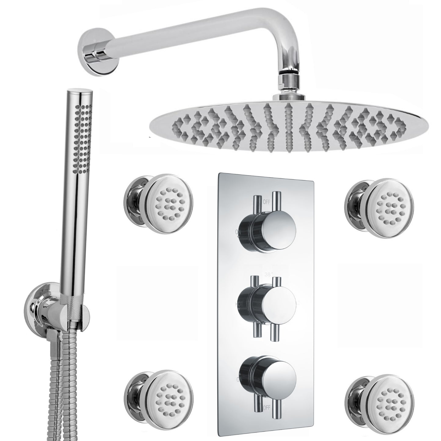 Buy Naples Contemporary Round Concealed Thermostatic Shower Set Incl. Triple Diverter Valve, Wall Fixed 8" Shower Head, Handshower Kit, 4 Body Jets - Chrome (3 Outlet) online UK