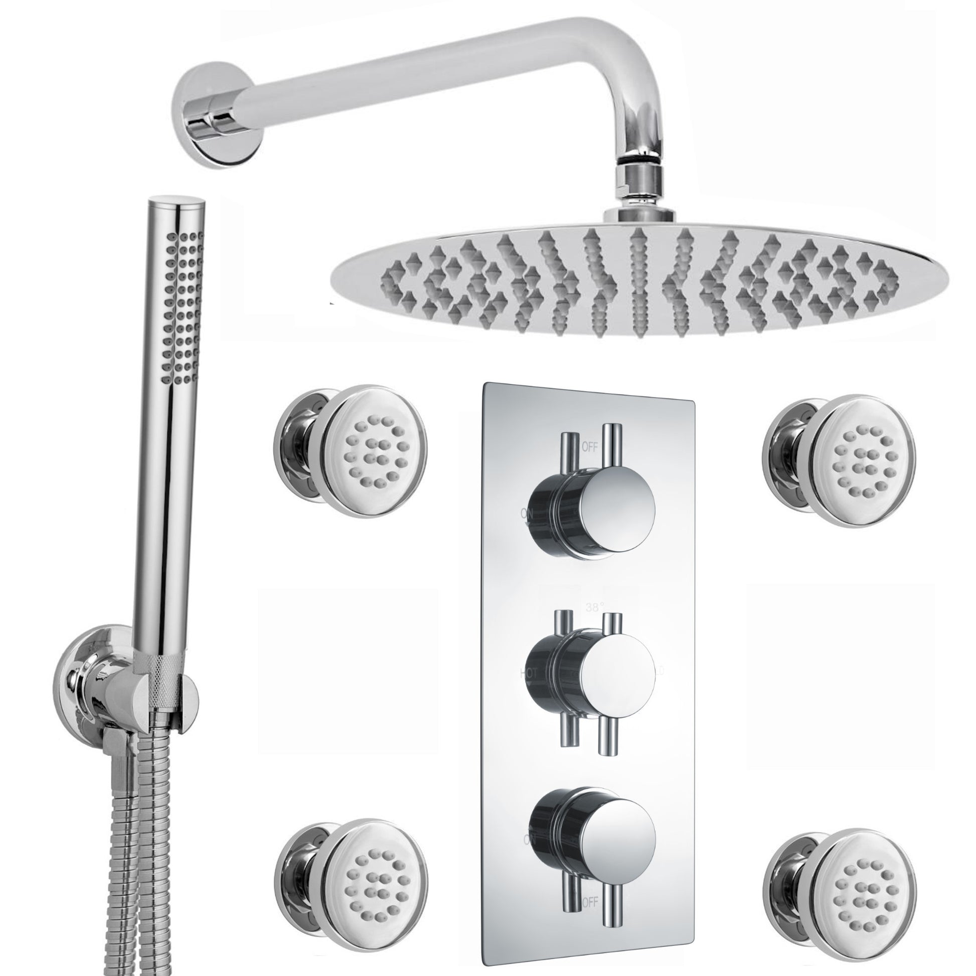 Buy Naples Contemporary Round Concealed Thermostatic Shower Set Incl. Triple Diverter Valve, Wall Fixed 8" Shower Head, Handshower Kit, 4 Body Jets - Chrome (3 Outlet) online UK