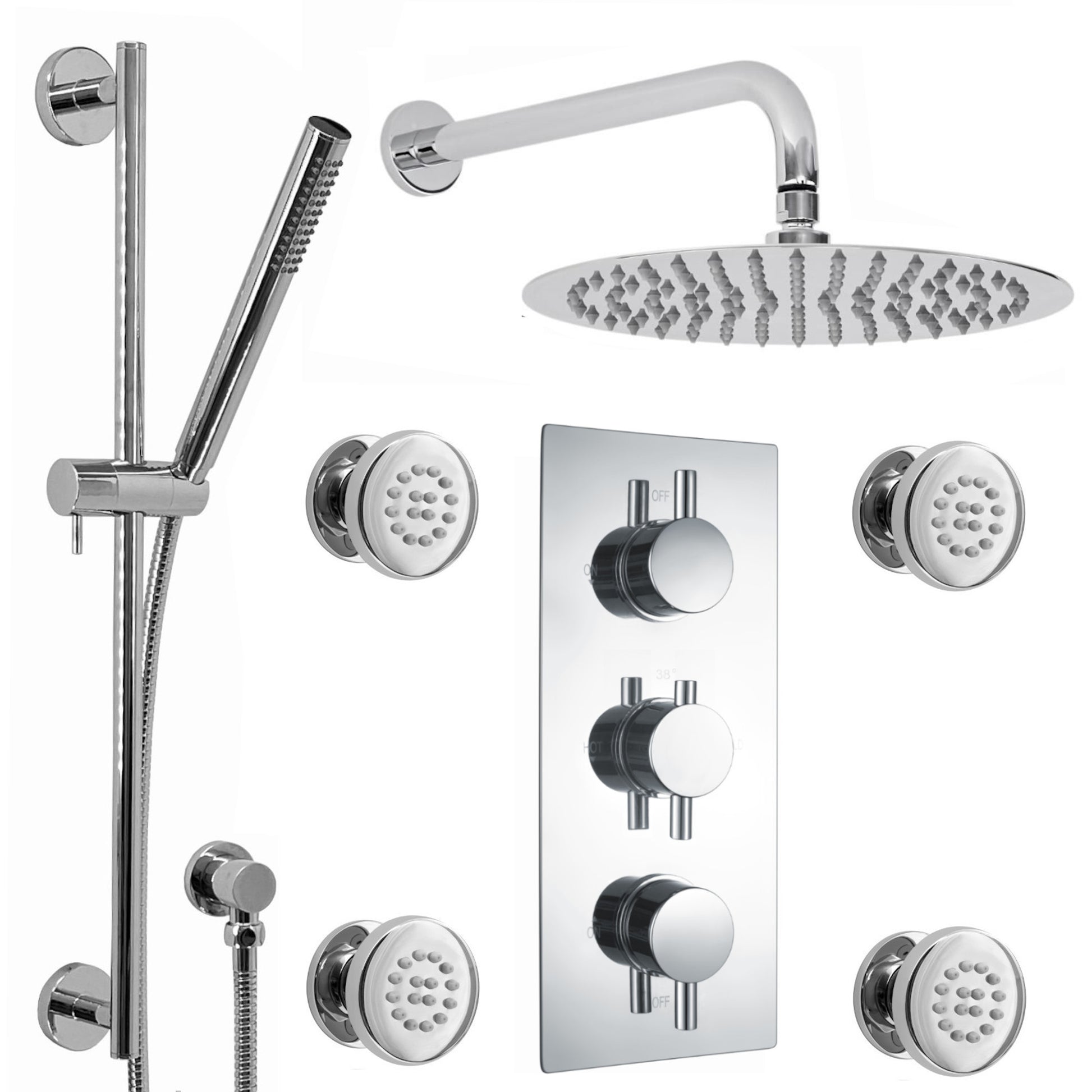 Buy Naples Contemporary Round Concealed Thermostatic Shower Set Incl. Triple Diverter Valve, Wall Fixed 8" Shower Head, Slider Rail Kit, 4 Body Jets - Chrome (3 Outlet) online UK