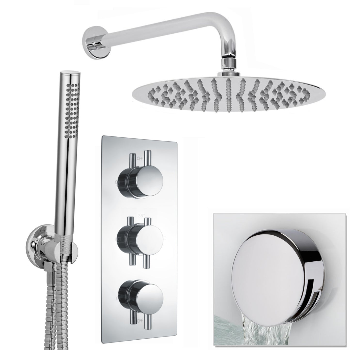 Naples Contemporary Round Concealed Thermostatic Shower Set Incl. Triple Diverter Valve, Wall Fixed 8" Shower Head, Handshower Kit, Bath Filler Waste with Overflow - Chrome (3 Outlet)