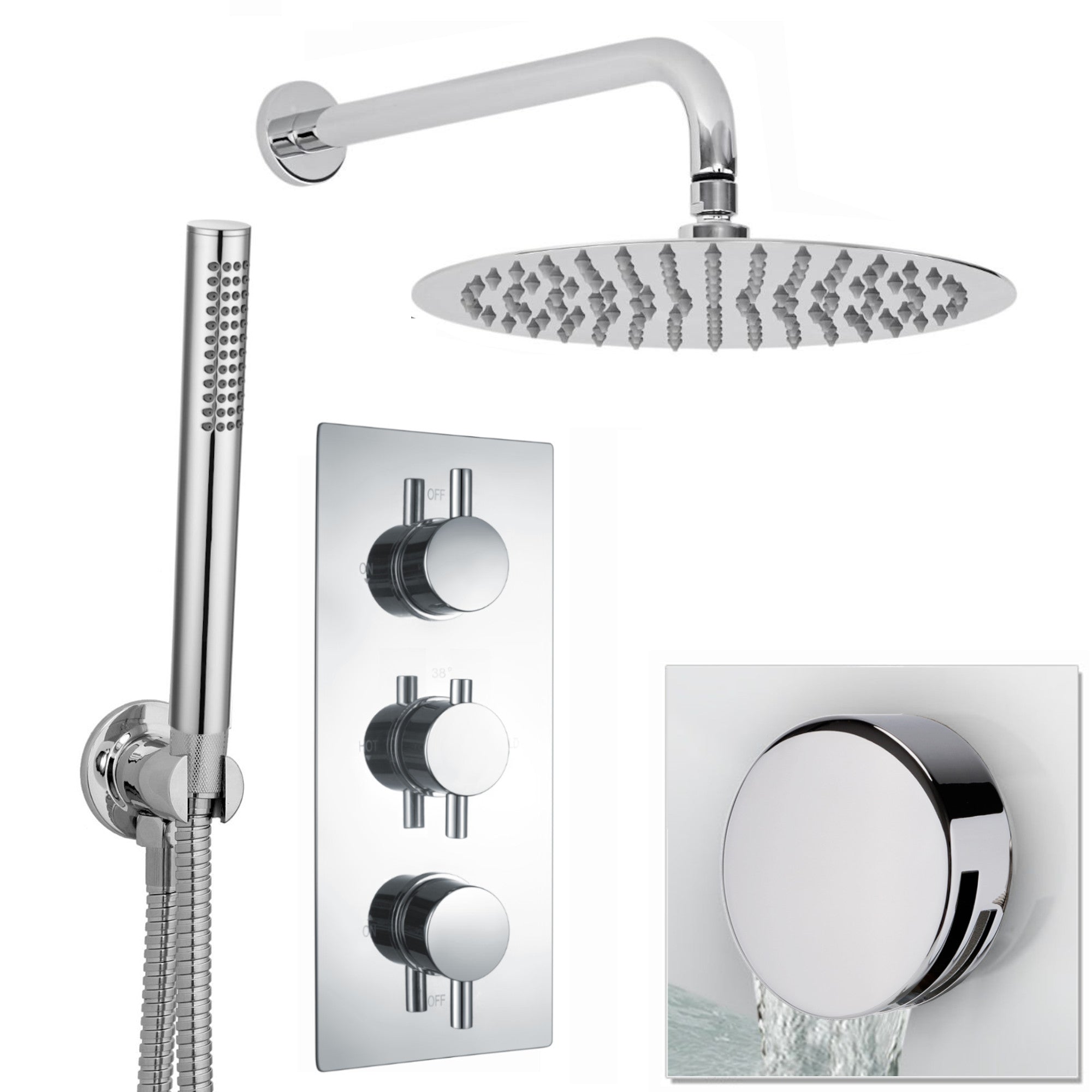 Naples Contemporary Round Concealed Thermostatic Shower Set Incl. Triple Diverter Valve, Wall Fixed 8" Shower Head, Handshower Kit, Bath Filler Waste with Overflow - Chrome (3 Outlet)