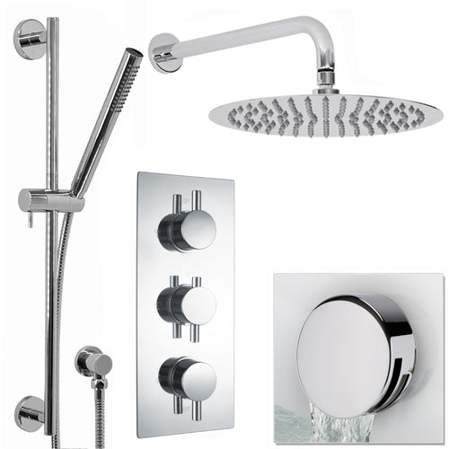 Buy Naples Contemporary Round Concealed Thermostatic Shower Set Incl. Triple Diverter Valve, Wall Fixed 8" Shower Head, Slider Rail Kit, Bath Filler Waste with Overflow - Chrome (3 Outlet) online UK