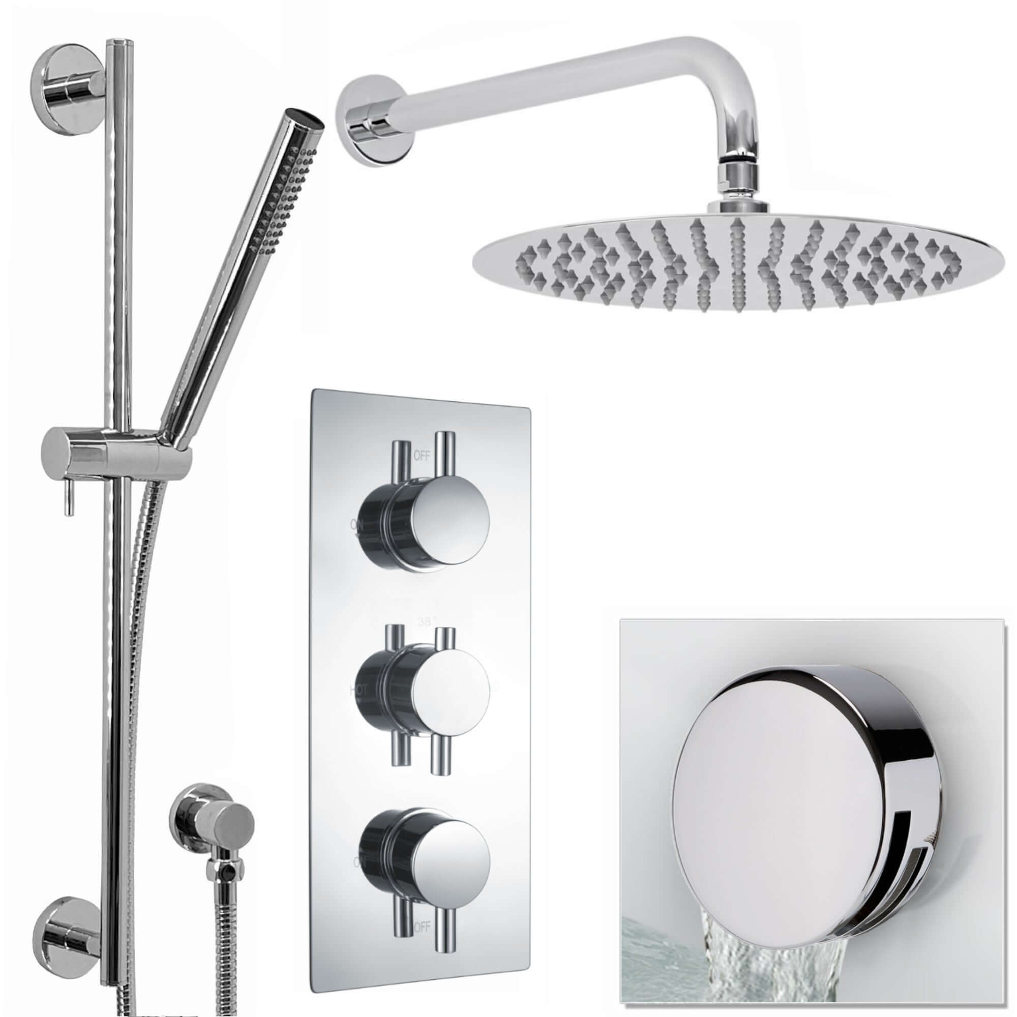 Buy Venice Contemporary Round Concealed Thermostatic Shower Set Incl. Triple Diverter Valve, Wall Fixed 8" Shower Head, Slider Rail Kit, Bath Filler Waste with Overflow - Chrome (3 Outlet) Online UK | HOUSE OF ENKI