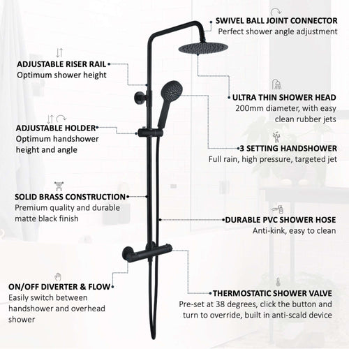 Buy Dune round thermostatic shower set 200mm head & handheld - matt black online UK