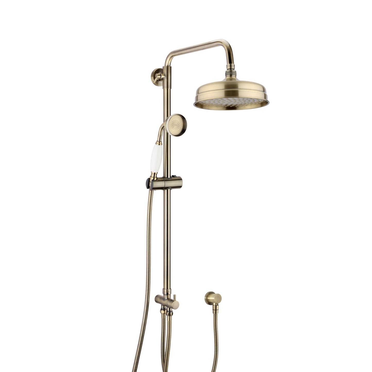 Regent thermostatic concealed shower mixer valve with dual rigid riser kit, 200mm round overhead rain shower and handheld - antique brass