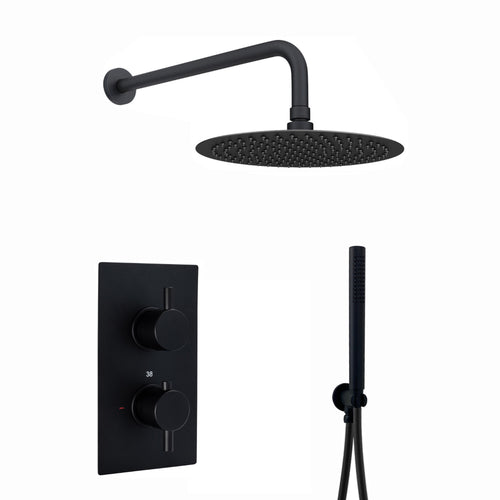 Buy Naples Contemporary Round Concealed Thermostatic Shower Set Incl. Twin Valve, Wall Fixed 8" Shower Head, Handshower Kit - Matt Black (2 Outlet) online UK