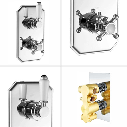 Buy Regent Traditional Crosshead And White Lever Concealed Thermostatic Shower Set Incl. Twin Valve, Wall Fixed 8" Shower Head, Handshower Kit - Chrome (2 Outlet) online UK