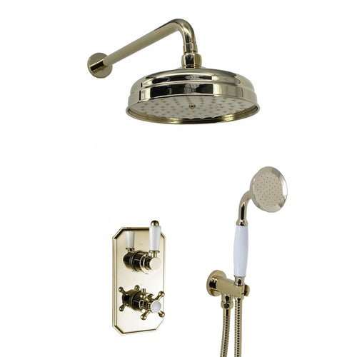 Buy Regent Traditional Crosshead And White Lever Concealed Thermostatic Shower Set Incl. Twin Valve, Wall Fixed 8" Shower Head, Handshower Kit - Gold (2 Outlet) online UK