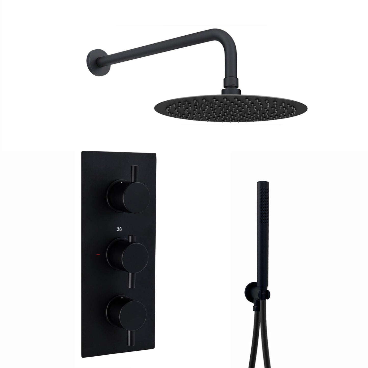 Naples Contemporary Round Concealed Thermostatic Shower Set Incl. Triple Valve, Wall Fixed 8" Shower Head, Handshower Kit - Matt Black (2 Outlet)