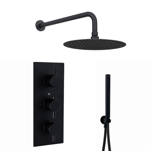 Buy Naples Contemporary Round Concealed Thermostatic Shower Set Incl. Triple Valve, Wall Fixed 8" Shower Head, Handshower Kit - Matt Black (2 Outlet) online UK