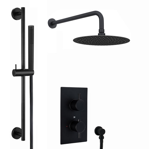 Buy Naples Contemporary Round Concealed Thermostatic Shower Set Incl. Twin Valve, Wall Fixed 8" Shower Head, Slider Rail Kit - Matt Black (2 Outlet) online UK