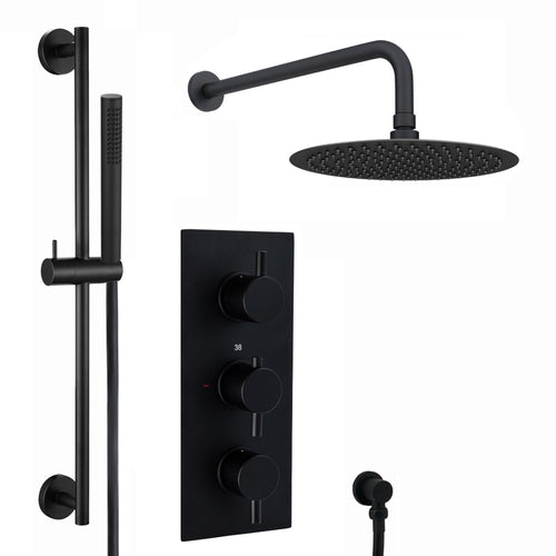 Buy Naples Contemporary Round Concealed Thermostatic Shower Set Incl. Triple Valve, Wall Fixed 8" Shower Head, Slider Rail Kit - Matt Black (2 Outlet) online UK