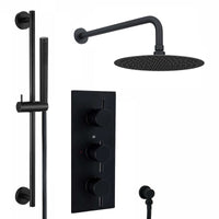 Venice Contemporary Round Concealed Thermostatic Shower Set Incl. Triple Valve, Wall Fixed 8" Shower Head, Slider Rail Kit - Matt Black (2 Outlet)