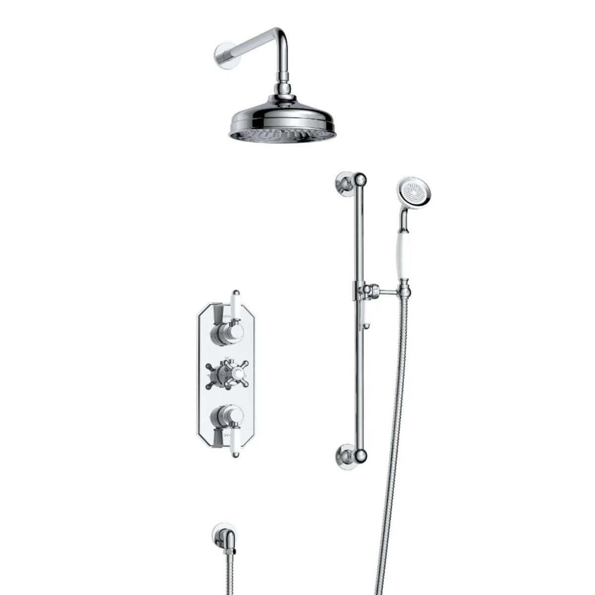 Regent traditional crosshead and white lever concealed thermostatic shower set incl. triple valve, wall fixed 8" shower head, slider rail kit - chrome (2 outlet)