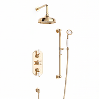 Regent traditional crosshead and white lever concealed thermostatic shower set incl. triple valve, wall fixed 8" shower head, slider rail kit - gold (2 outlet)