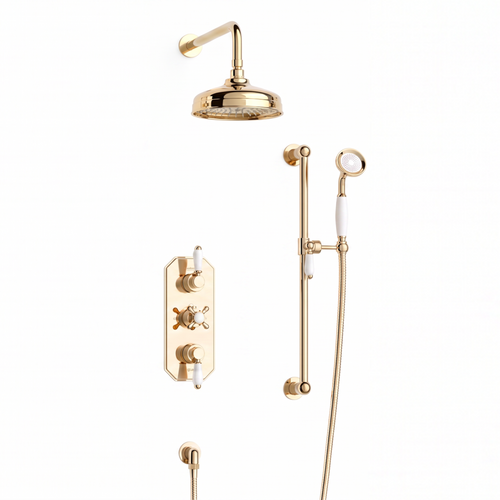 Regent traditional crosshead and white lever concealed thermostatic shower set incl. triple valve, wall fixed 8" shower head, slider rail kit - gold (2 outlet)