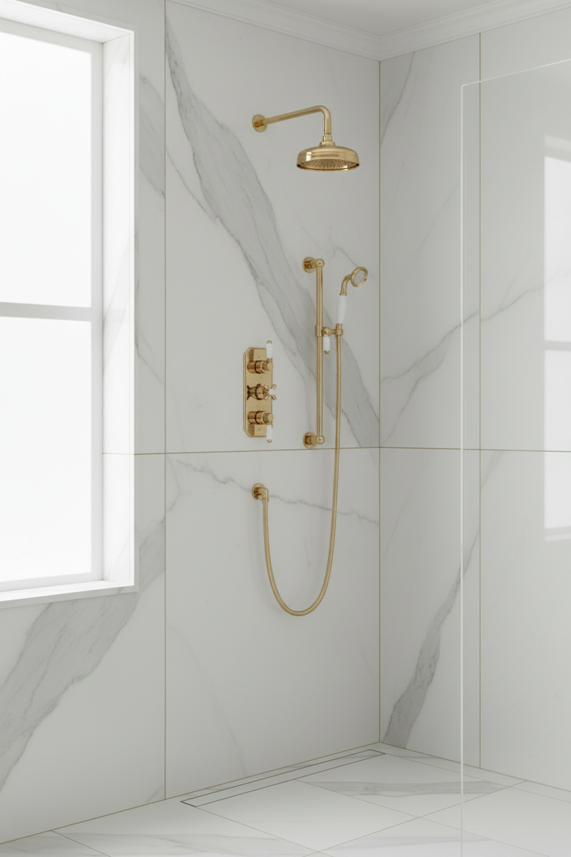 Regent traditional crosshead and white lever concealed thermostatic shower set incl. triple valve, wall fixed 8" shower head, slider rail kit - gold (2 outlet)
