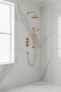 Regent traditional crosshead and white lever concealed thermostatic shower set incl. triple valve, wall fixed 8" shower head, slider rail kit - gold (2 outlet)
