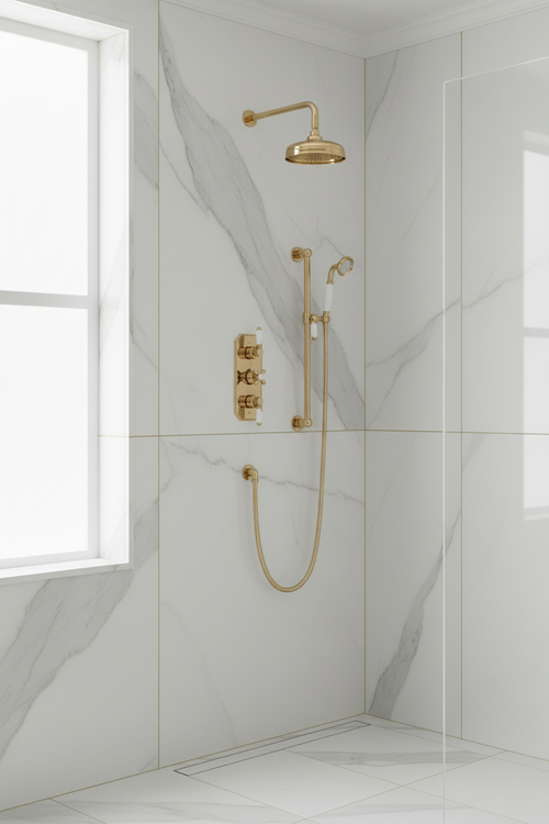 Regent traditional crosshead and white lever concealed thermostatic shower set incl. triple valve, wall fixed 8" shower head, slider rail kit - gold (2 outlet)