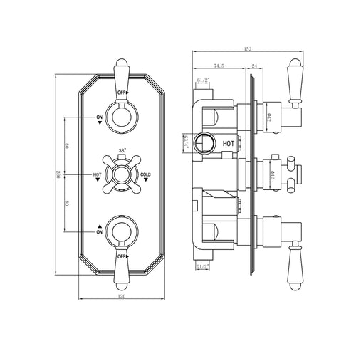Regent traditional crosshead and white lever concealed thermostatic shower set incl. triple valve, wall fixed 8" shower head, slider rail kit - gold (2 outlet)