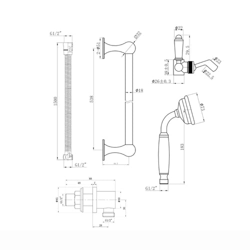 Regent traditional crosshead and white lever concealed thermostatic shower set incl. triple valve, wall fixed 8" shower head, slider rail kit - gold (2 outlet)
