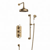 Regent traditional crosshead and white lever concealed thermostatic shower set incl. triple valve, wall fixed 8" shower head, slider rail kit - antique brass