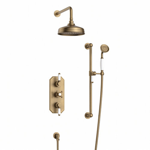 Regent traditional crosshead and white lever concealed thermostatic shower set incl. triple valve, wall fixed 8" shower head, slider rail kit - antique brass