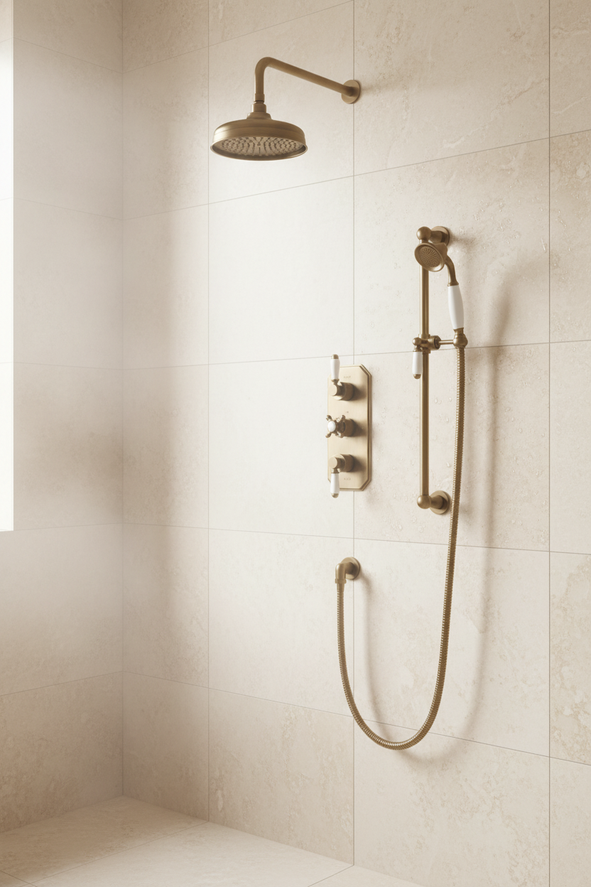 Regent traditional crosshead and white lever concealed thermostatic shower set incl. triple valve, wall fixed 8" shower head, slider rail kit - antique brass