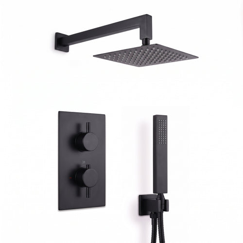 Naples Square Concealed Thermostatic Shower Set Incl. Twin Valve, Wall Fixed 8" Shower Head, Handset Kit - Matt Black (2 Outlet)