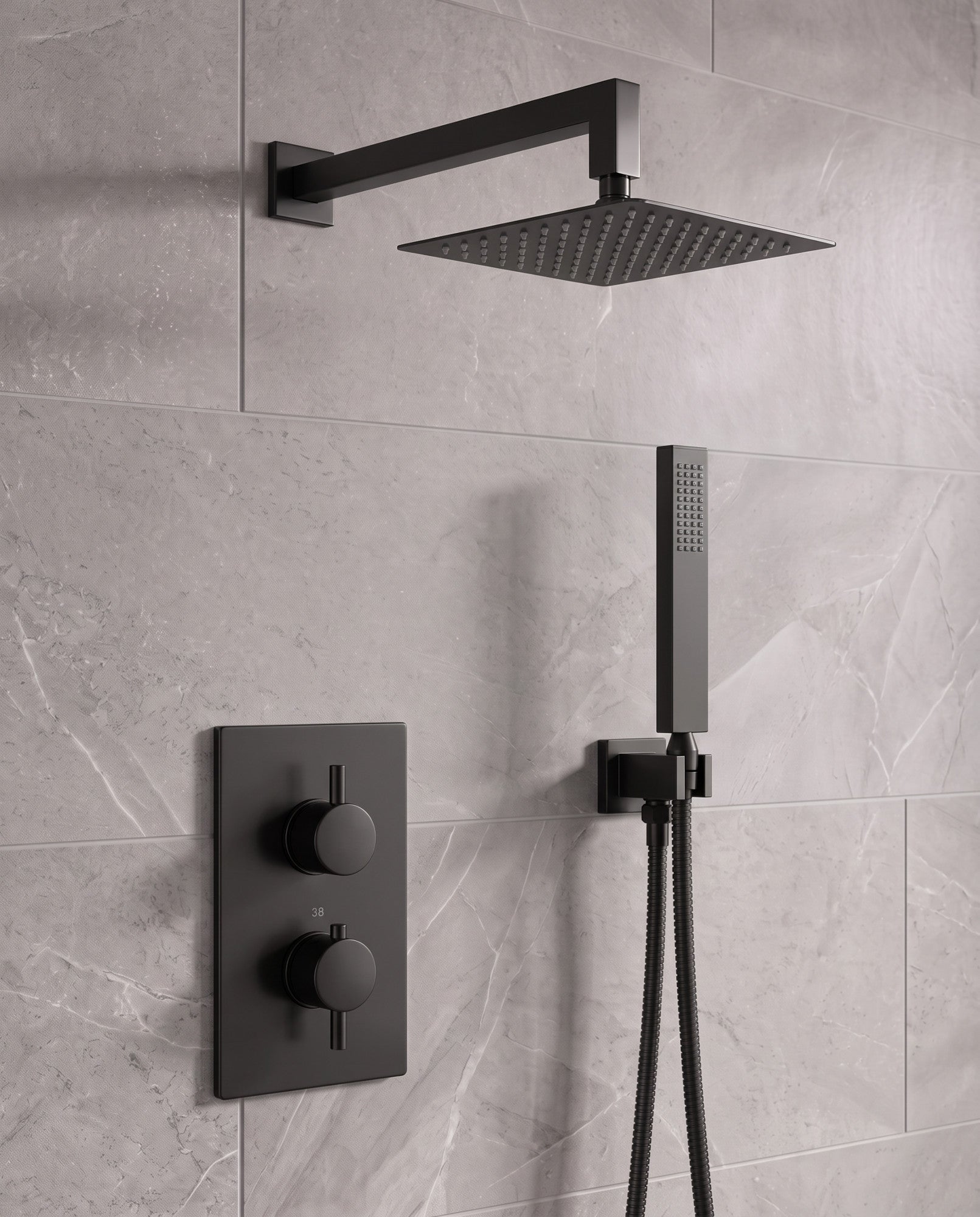 Naples Square Concealed Thermostatic Shower Set Incl. Twin Valve, Wall Fixed 8" Shower Head, Handset Kit - Matt Black (2 Outlet)