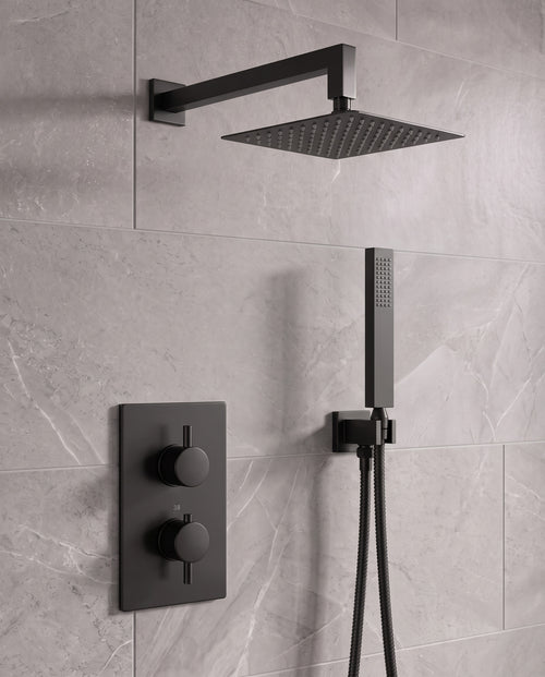 Naples Square Concealed Thermostatic Shower Set Incl. Twin Valve, Wall Fixed 8" Shower Head, Handset Kit - Matt Black (2 Outlet)