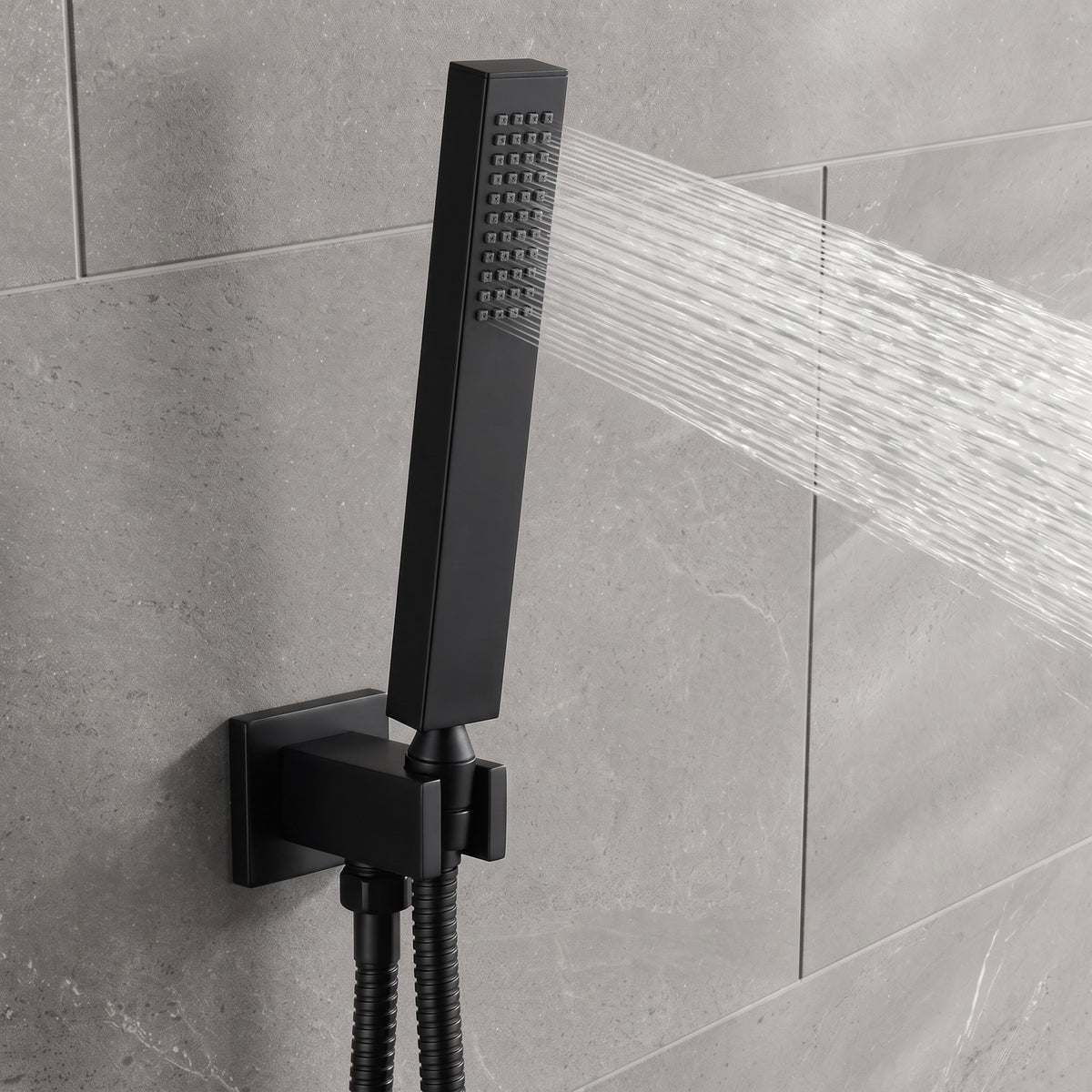 Naples Square Concealed Thermostatic Shower Set Incl. Twin Valve, Wall Fixed 8" Shower Head, Handset Kit - Matt Black (2 Outlet)