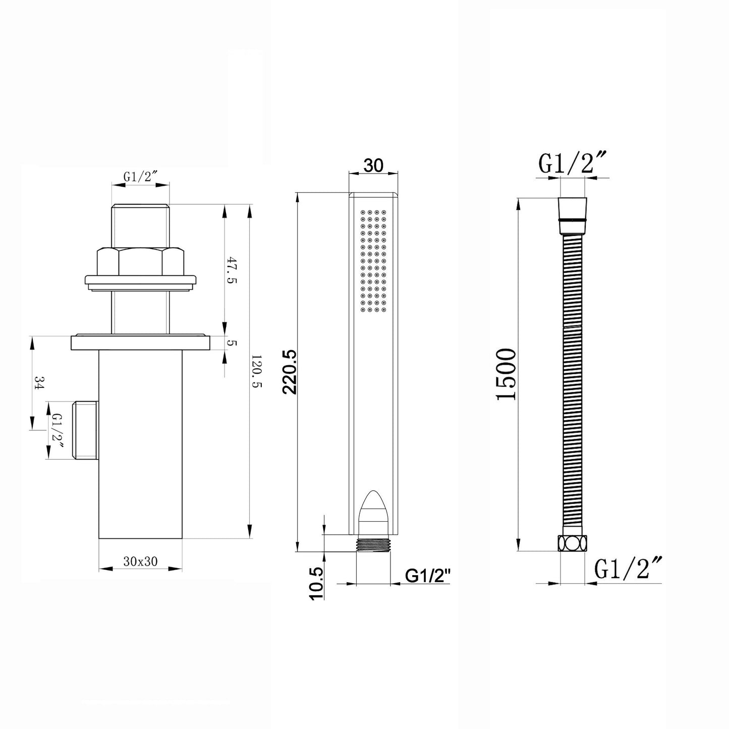Naples Square Concealed Thermostatic Shower Set Incl. Twin Valve, Wall Fixed 8" Shower Head, Handset Kit - Matt Black (2 Outlet)
