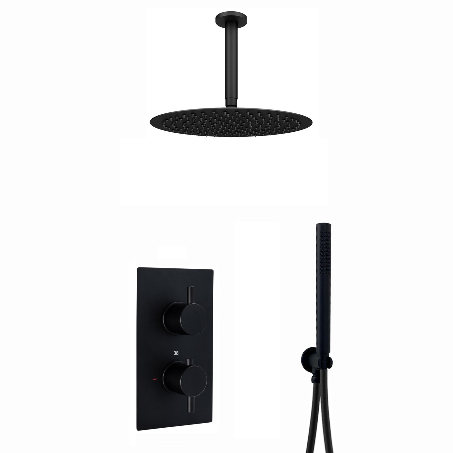 Venice Contemporary Round Concealed Thermostatic Shower Set Incl. Twin Valve, Ceiling Fixed 8" Shower Head, Handshower Kit - Matte Black (2 Outlet)