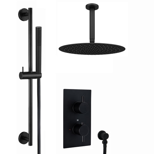 Buy Naples Contemporary Round Concealed Thermostatic Shower Set Incl. Twin Valve, Ceiling Fixed 8" Shower Head, Slider Rail Kit - Matt Black (2 Outlet) online UK