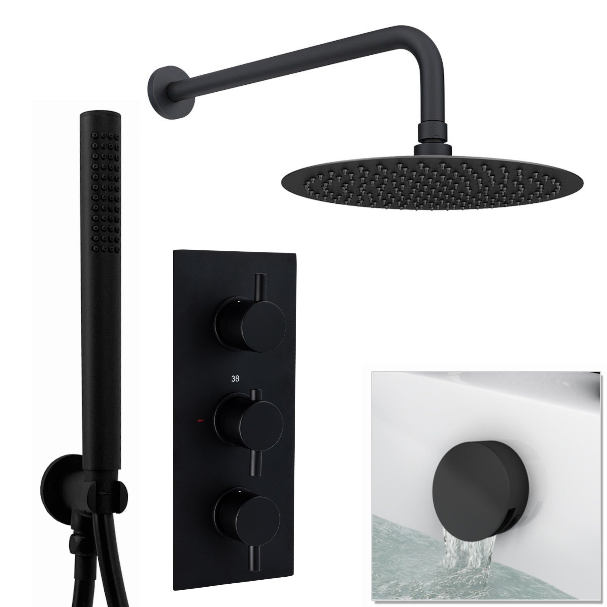 Naples Contemporary Round Concealed Thermostatic Shower Set Incl. Triple Diverter Valve, Wall Fixed 8" Shower Head, Handshower Kit, Bath Filler Waste with Overflow - Matt Black (3 Outlet)