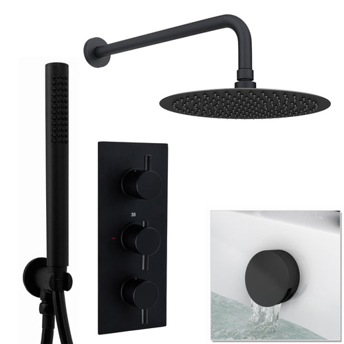 Buy Naples Contemporary Round Concealed Thermostatic Shower Set Incl. Triple Diverter Valve, Wall Fixed 8" Shower Head, Handshower Kit, Bath Filler Waste with Overflow - Matt Black (3 Outlet) online UK