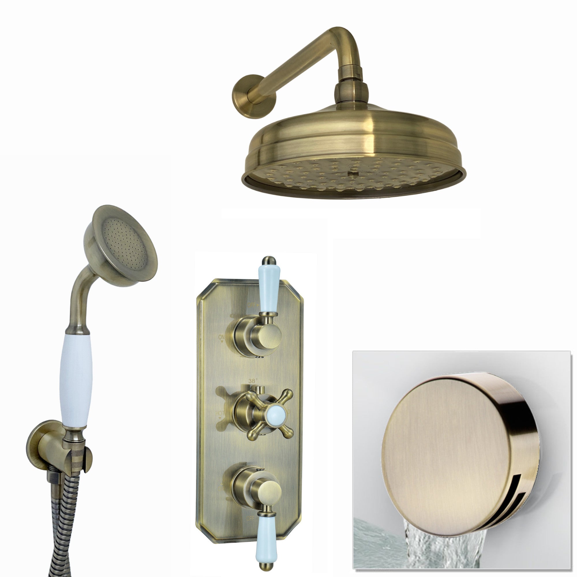 Regent Traditional Crosshead And White Lever Concealed Thermostatic Shower Set Incl. Triple Diverter Valve, Wall Fixed 8" Shower Head, Handshower Kit, Bath Filler Waste with Overflow - Antique Brass (3 Outlet)