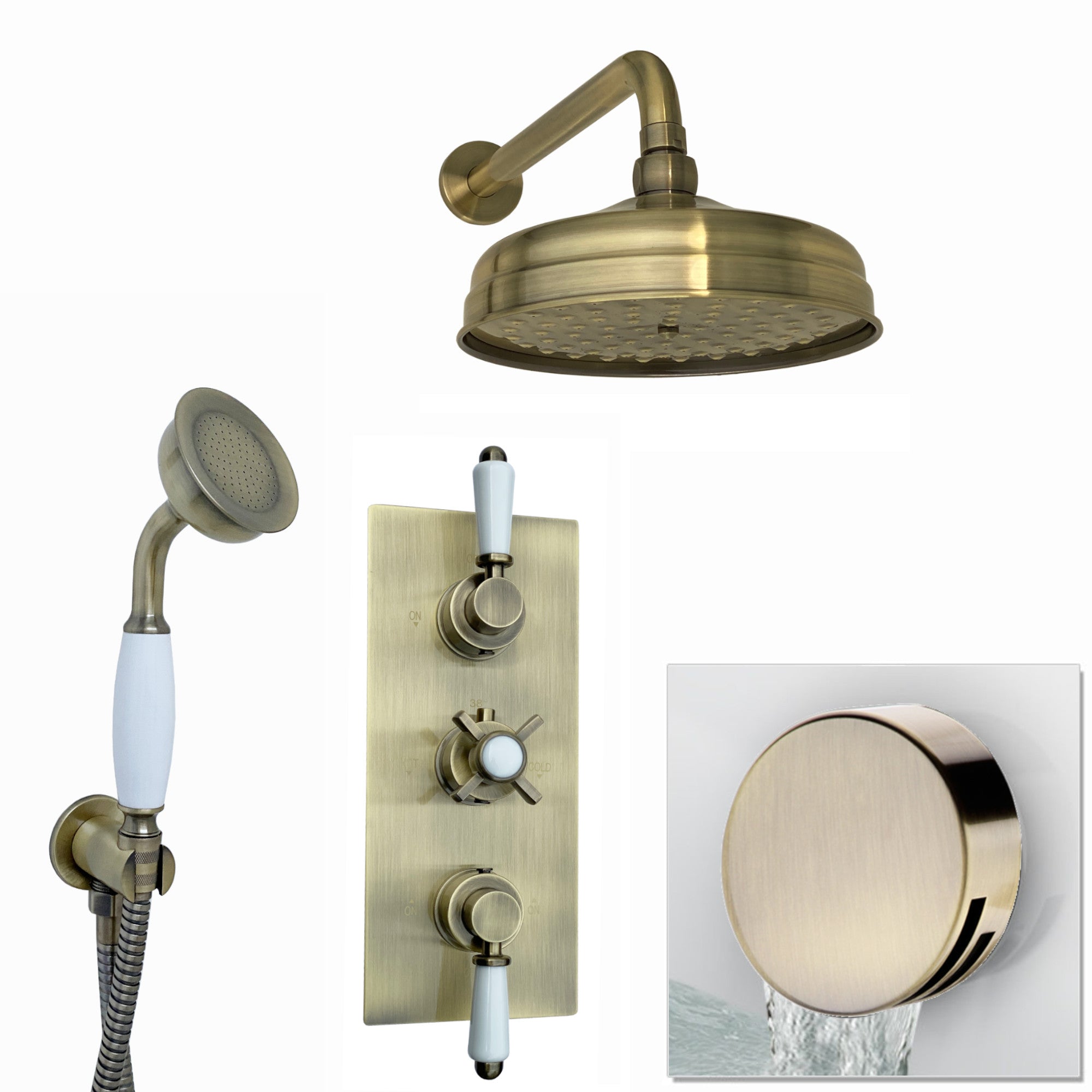 Regent Traditional Crosshead And White Lever Concealed Thermostatic Shower Set Incl. Triple Diverter Valve, Wall Fixed 8" Shower Head, Handshower Kit, Bath Filler Waste with Overflow - Antique Brass (3 Outlet)