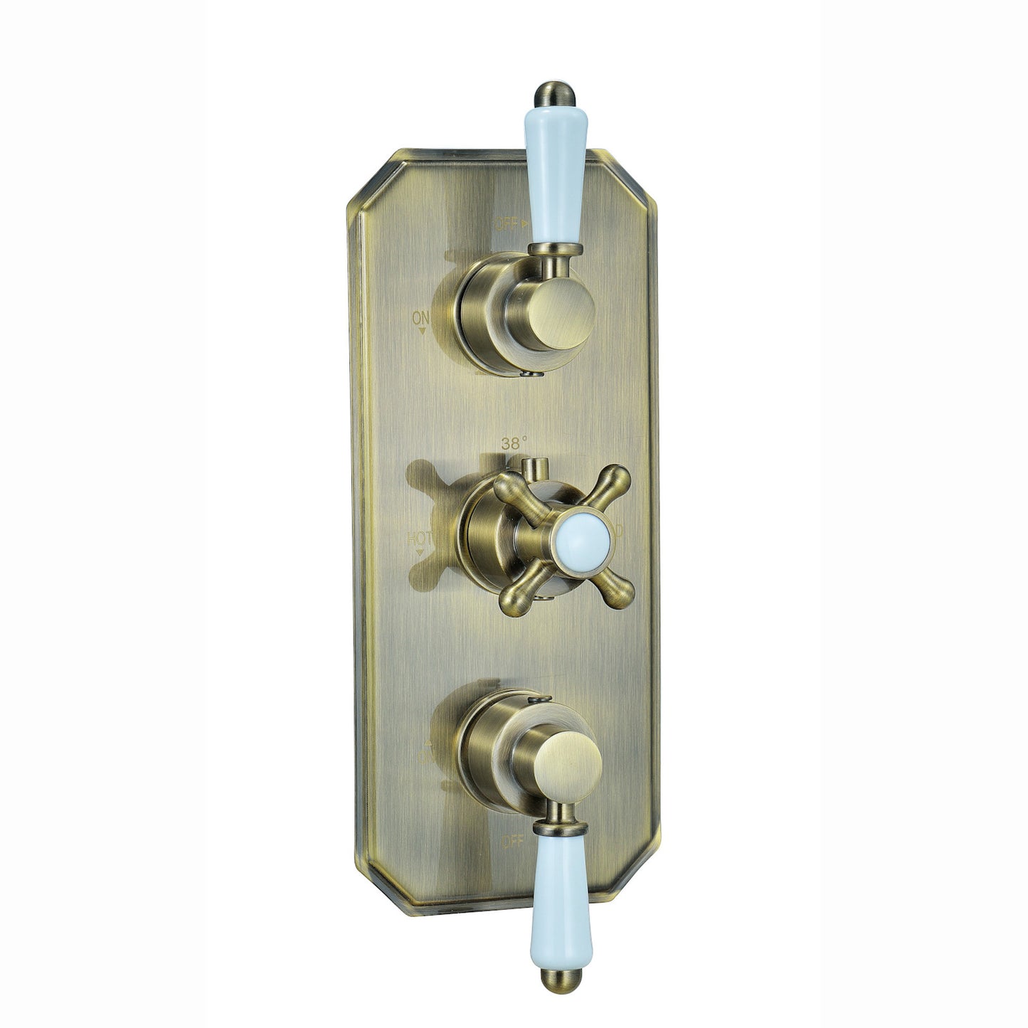 Regent Traditional Crosshead And White Lever Concealed Thermostatic Shower Set Incl. Triple Diverter Valve, Wall Fixed 8" Shower Head, Handshower Kit, Bath Filler Waste with Overflow - Antique Brass (3 Outlet)