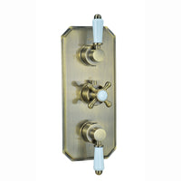 Regent Traditional Crosshead And White Lever Concealed Thermostatic Shower Set Incl. Triple Diverter Valve, Wall Fixed 8" Shower Head, Handshower Kit, Bath Filler Waste with Overflow - Antique Brass (3 Outlet)