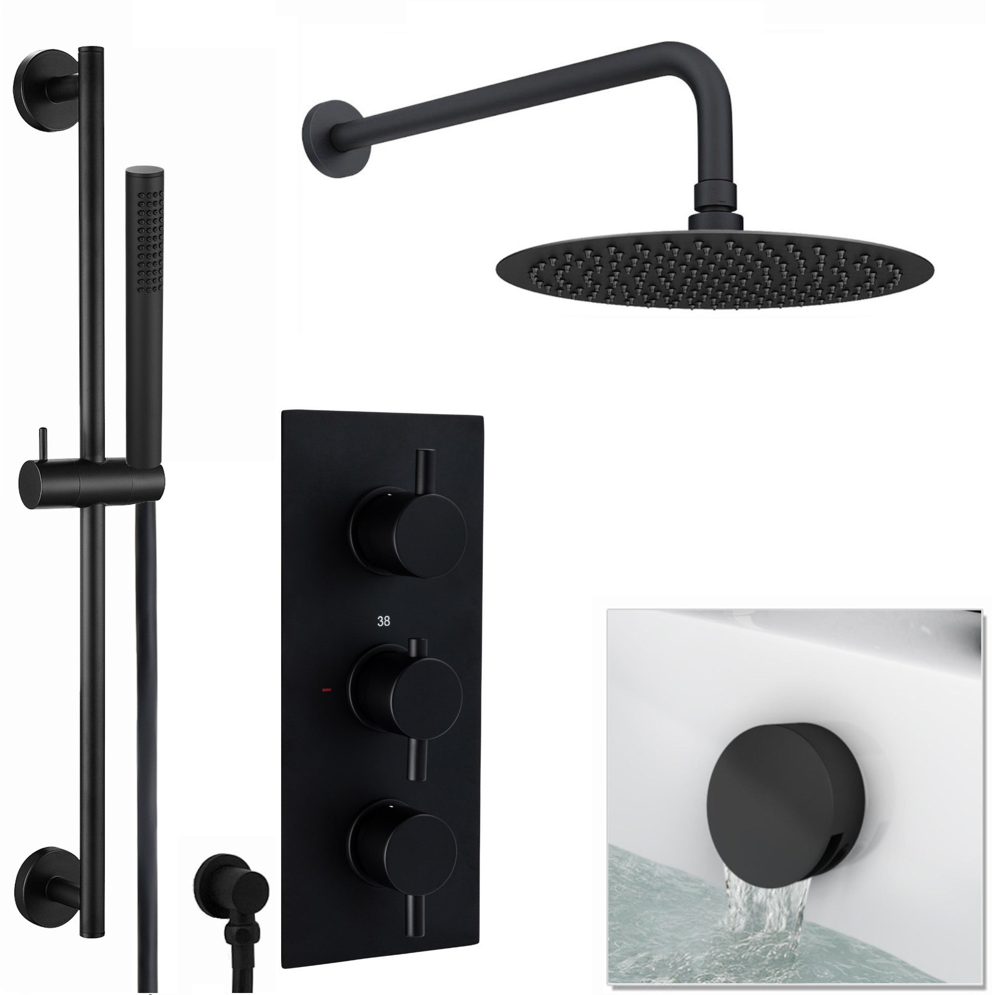 Naples Contemporary Round Concealed Thermostatic Shower Set Incl. Triple Diverter Valve, Wall Fixed 8" Shower Head, Slider Rail Kit, Bath Filler Waste with Overflow - Matt Black (3 Outlet)