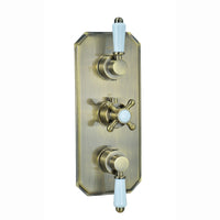Regent Traditional Crosshead And White Lever Concealed Thermostatic Shower Set Incl. Triple Diverter Valve, Wall Fixed 8" Shower Head, Slider Rail Kit, Bath Filler Waste with Overflow - Antique Brass (3 Outlet)